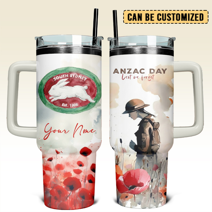 Auspiritmerch South Sydney Rabbitohs x Anzac Day Custom Stanley Quencher 40oz Stainless Steel Tumbler With Handle