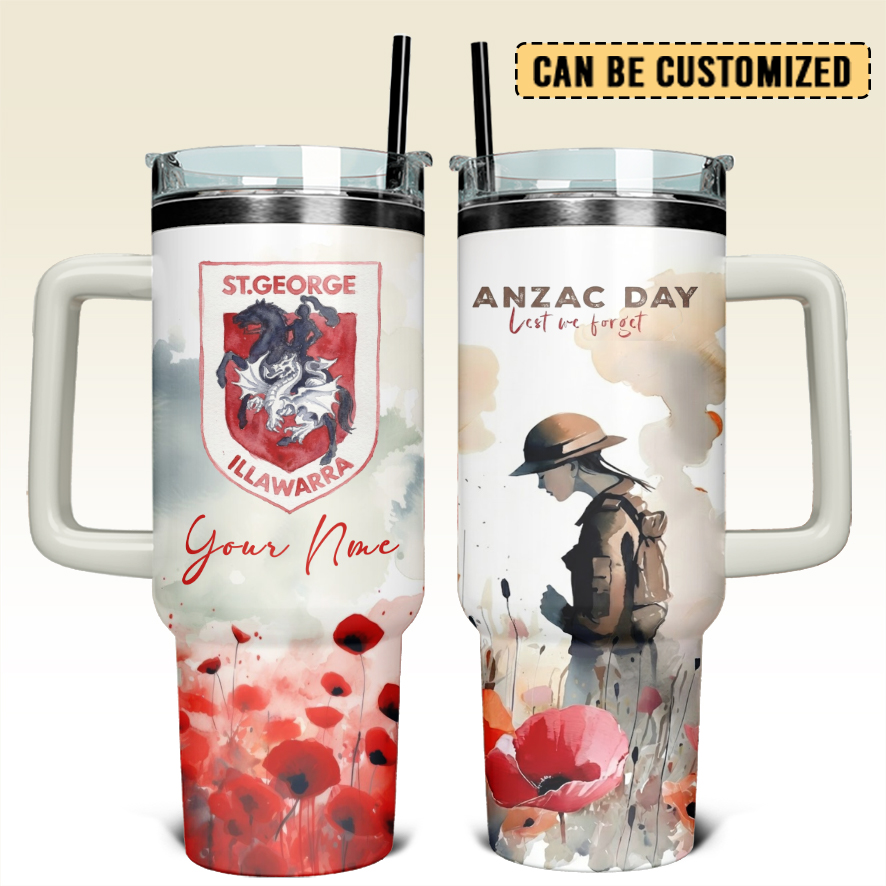 Auspiritmerch St. George Illawarra Dragons x Anzac Day Custom Stanley Quencher 40oz Stainless Steel Tumbler With Handle