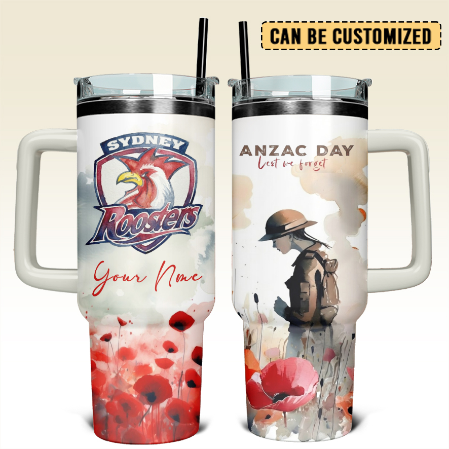 Auspiritmerch Sydney Roosters x Anzac Day Custom Stanley Quencher 40oz Stainless Steel Tumbler With Handle