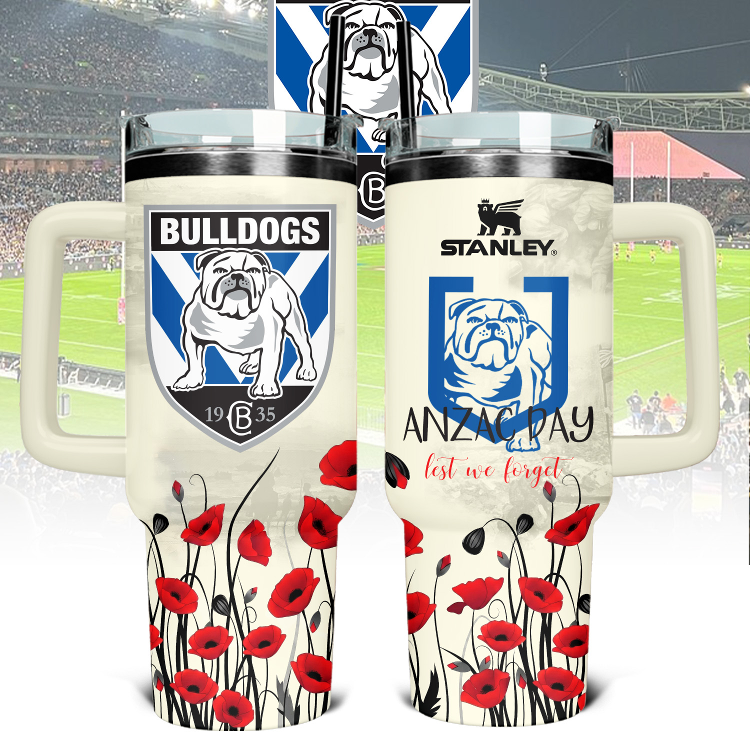 Auspiritmerch Canterbury-Bankstown Bulldogs x Anzac Day Custom Stanley Quencher 40oz Stainless Steel Tumbler With Handle