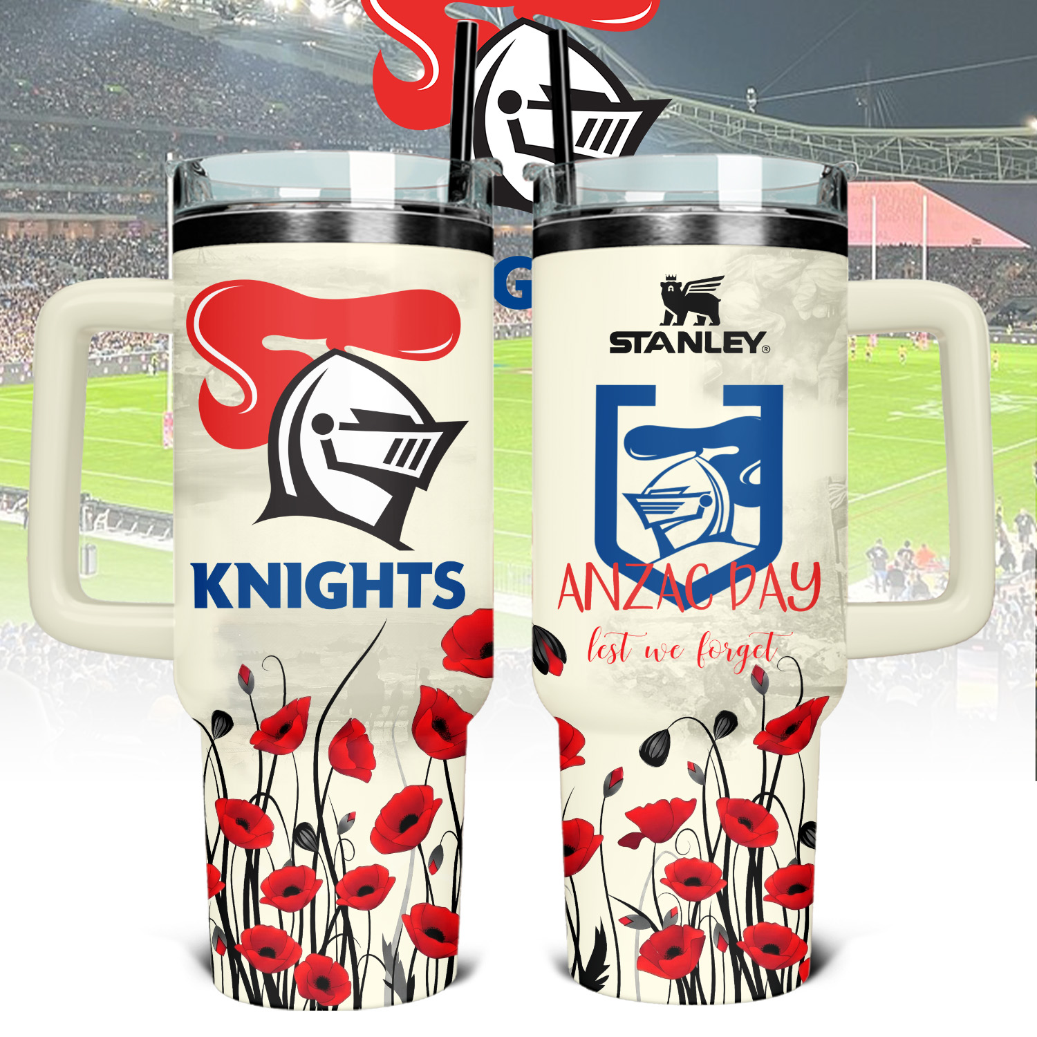 Auspiritmerch Newcastle Knights x Anzac Day Custom Stanley Quencher 40oz Stainless Steel Tumbler With Handle