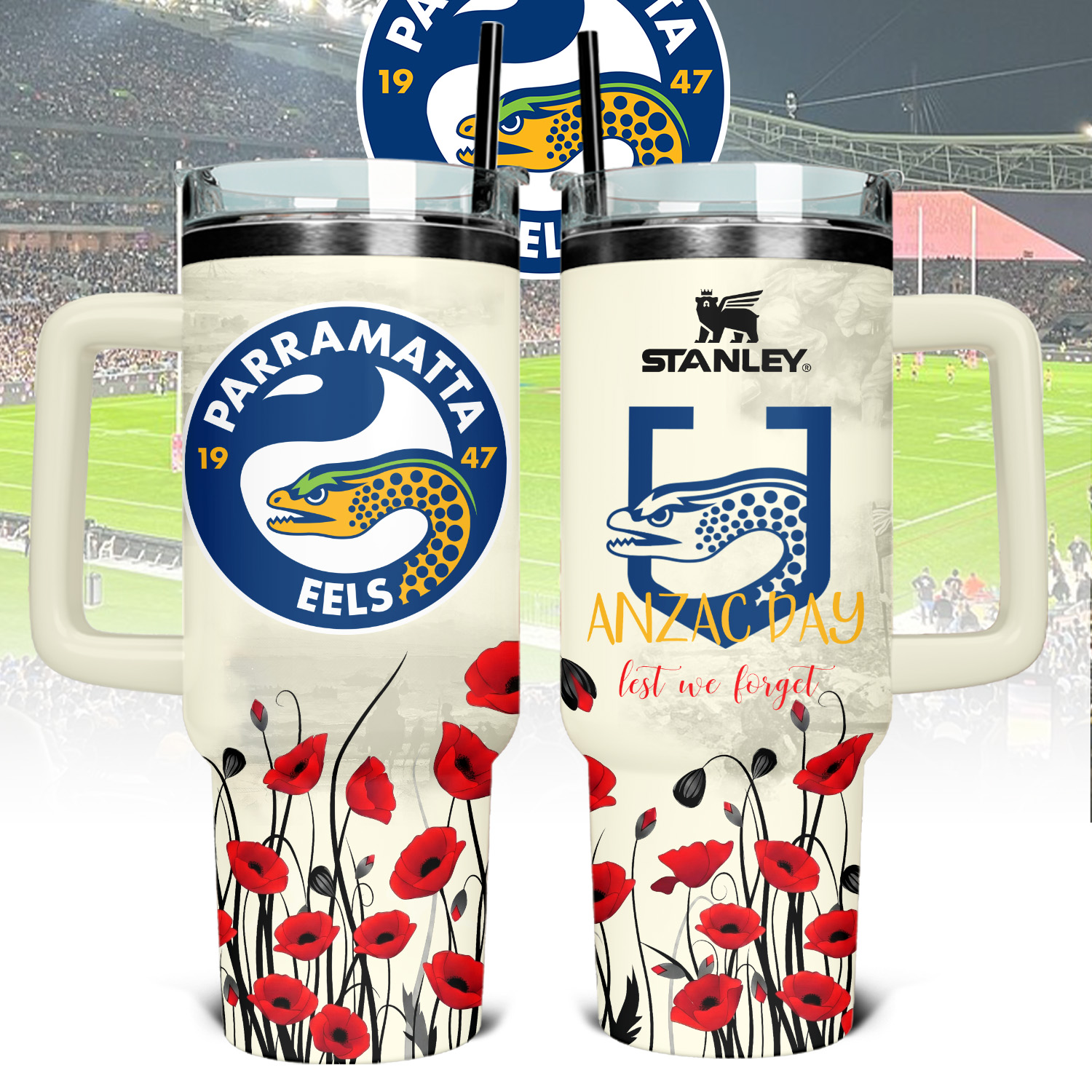 Auspiritmerch Parramatta Eels x Anzac Day Custom Stanley Quencher 40oz Stainless Steel Tumbler With Handle