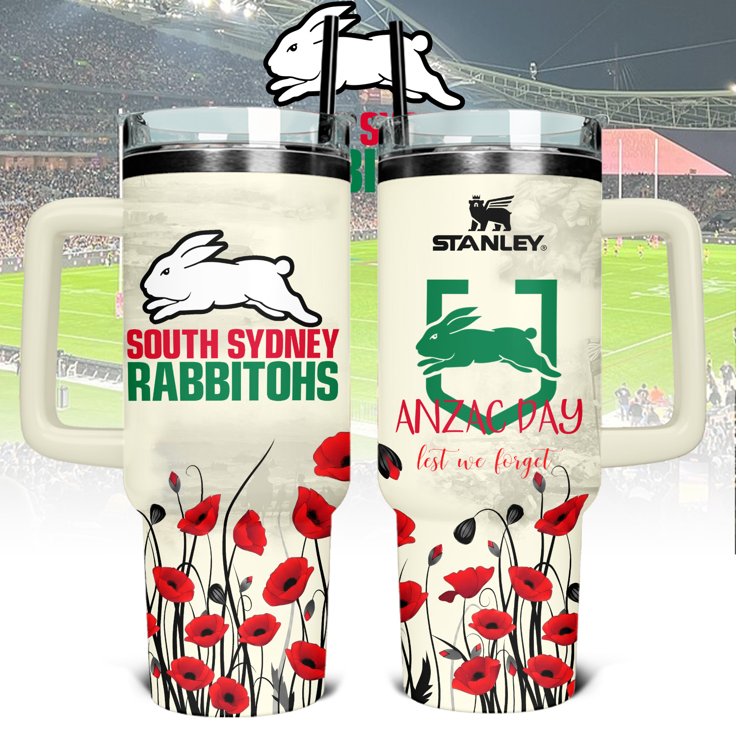 Auspiritmerch South Sydney Rabbitohs x Anzac Day Custom Stanley Quencher 40oz Stainless Steel Tumbler With Handle