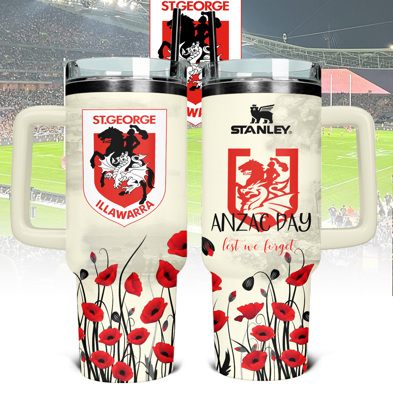 Auspiritmerch St. George Illawarra Dragons x Anzac Day Custom Stanley Quencher 40oz Stainless Steel Tumbler With Handle