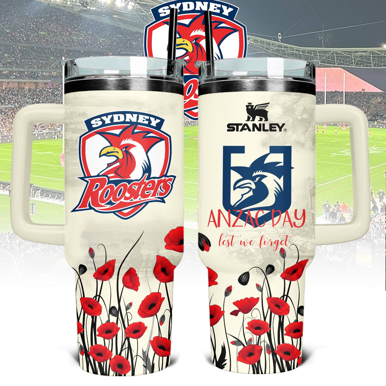 Auspiritmerch Sydney Roosters x Anzac Day Custom Stanley Quencher 40oz Stainless Steel Tumbler With Handle