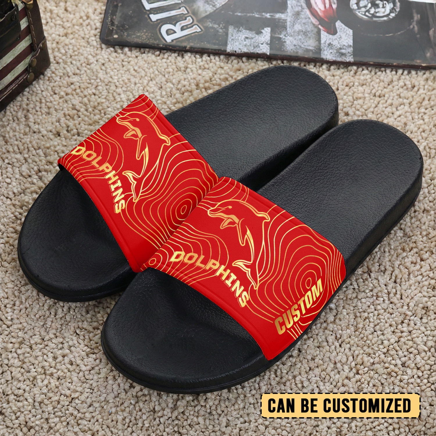Auspiritmerch Dolphins Personalized Sports Slippers Gift For Fans