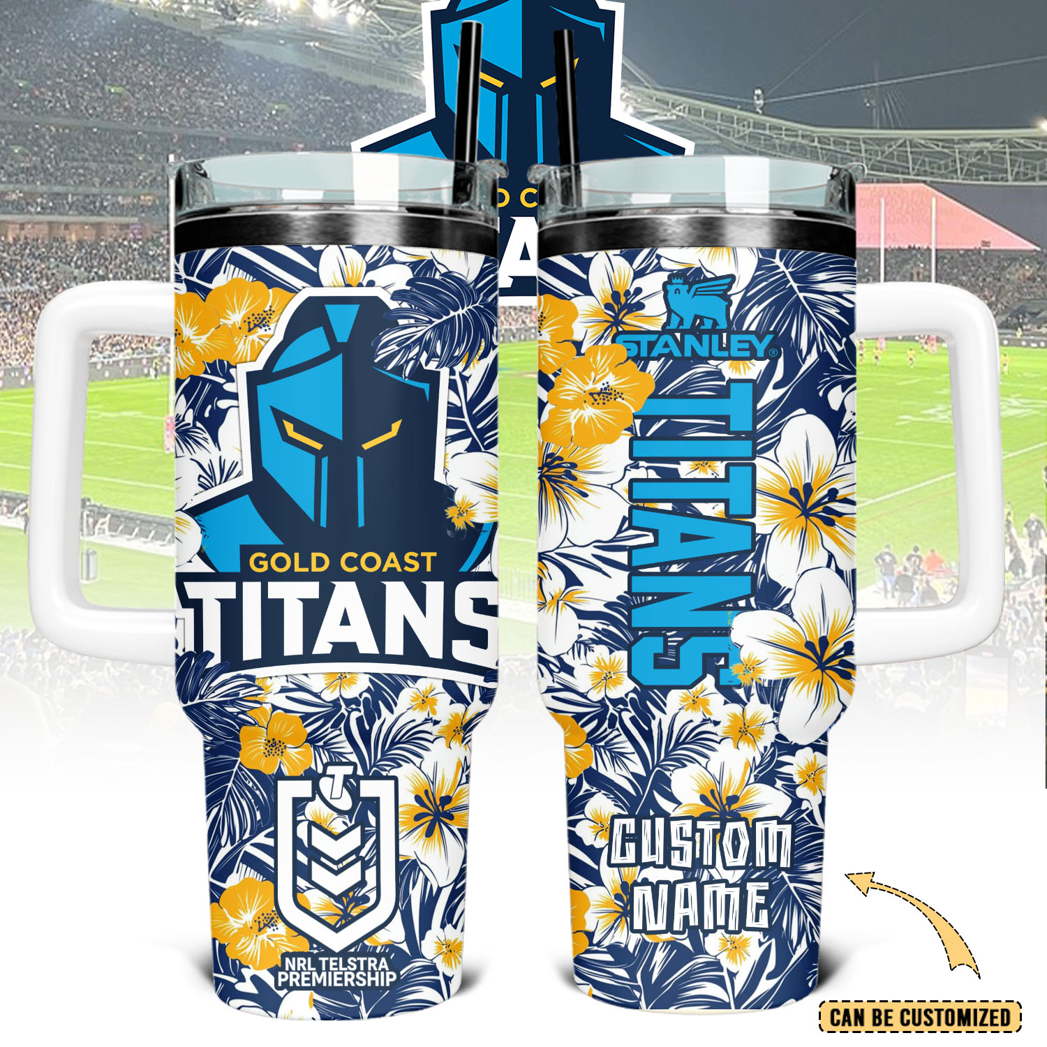 Auspiritmerch Gold Coast Titans Custom Stanley Quencher 40oz Stainless Steel Tumbler With Handle