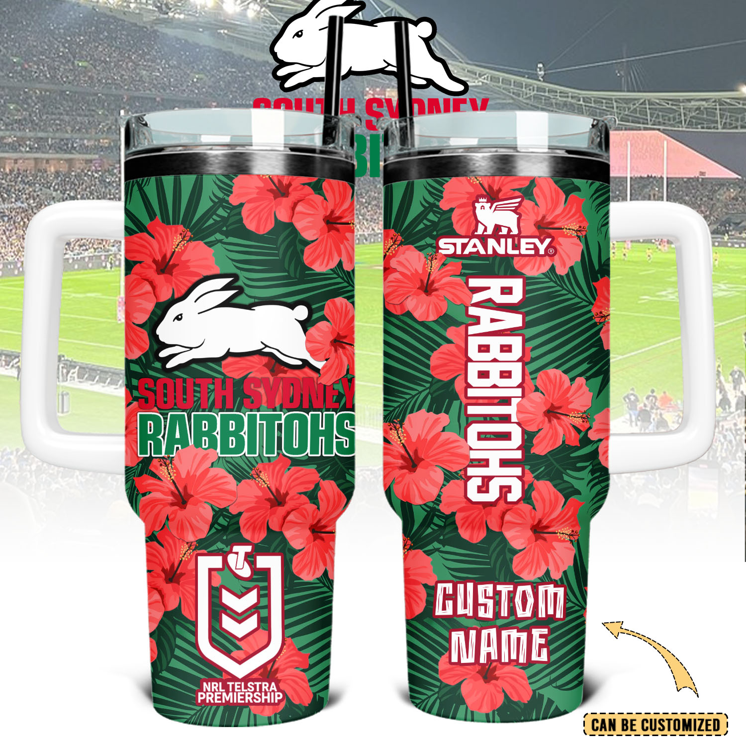 Auspiritmerch South Sydney Rabbitohs Custom Stanley Quencher 40oz Stainless Steel Tumbler With Handle