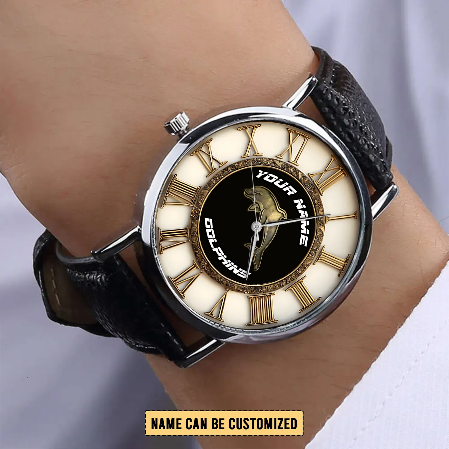 Auspiritmerch Dolphins Personalized Stitched Leather Watch Gift For Fans
