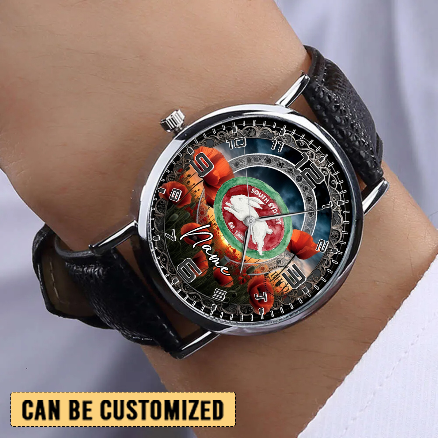 Auspiritmerch South Sydney Rabbitohs x Anzac Day Personalized Stitched Leather Watch Gift For Fans