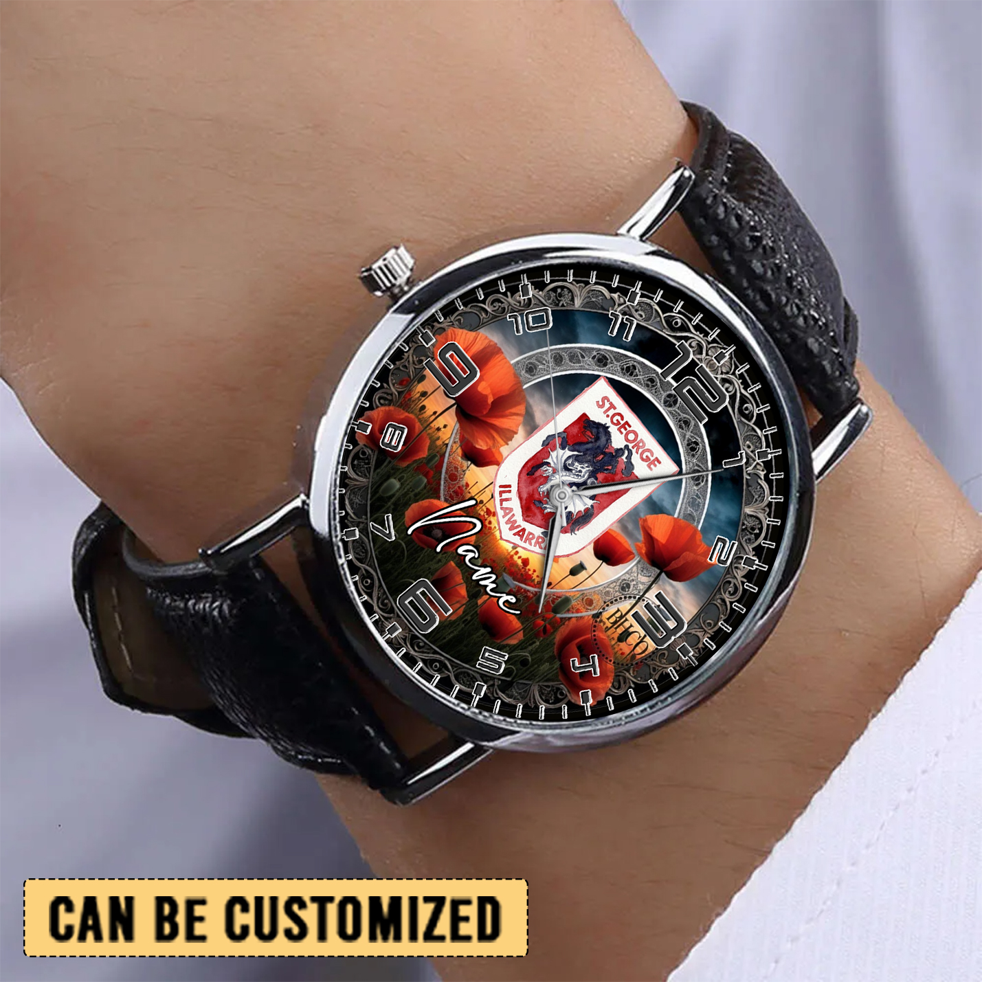 Auspiritmerch St. George Illawarra Dragons x Anzac Day Personalized Stitched Leather Watch Gift For Fans