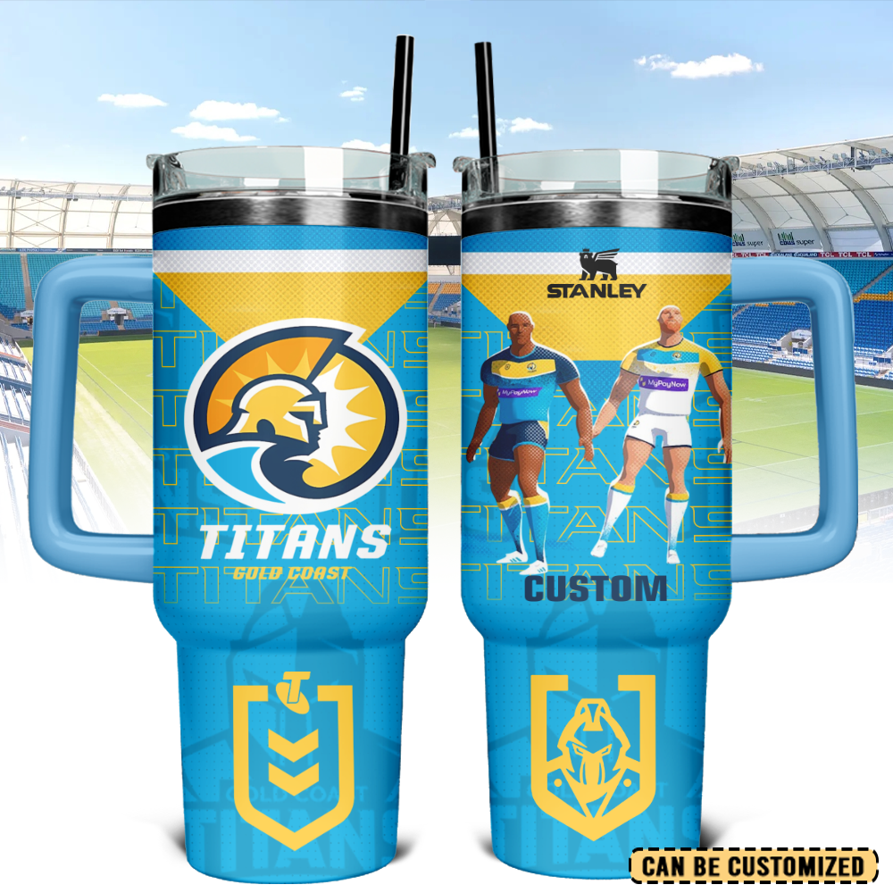 Auspiritmerch Gold Coast Titans Custom Stanley Quencher 40oz Stainless Steel Tumbler With Handle