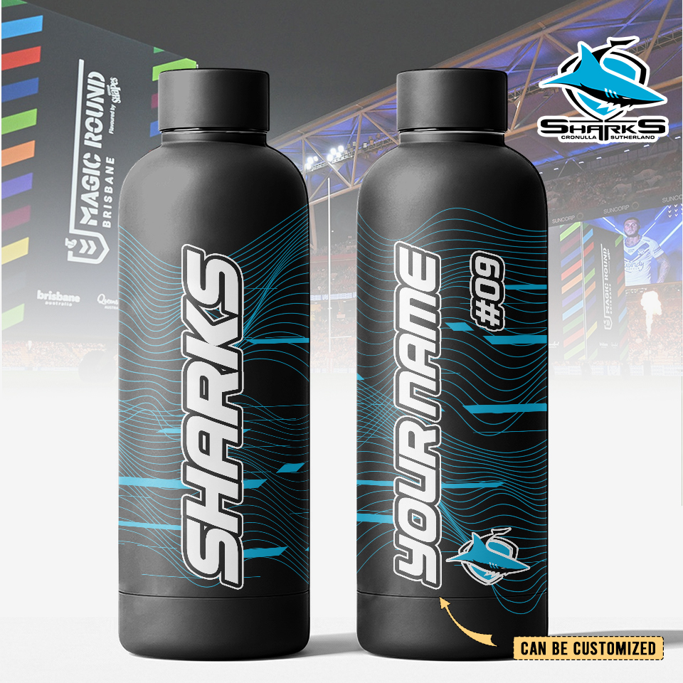 Auspiritmerch Cronulla-Sutherland Sharks Personalized Metal Water Bottle Gift For Fans