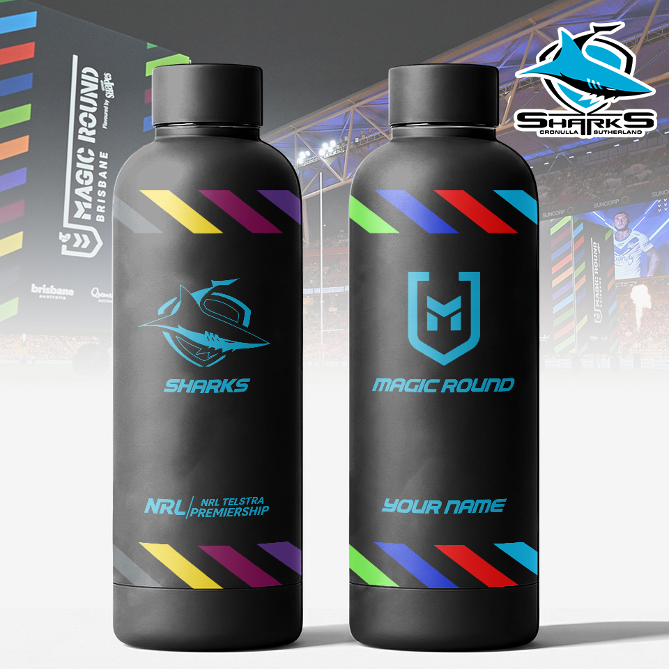 Auspiritmerch Cronulla-Sutherland Sharks x Magic Round Personalized Metal Water Bottle Gift For Fans