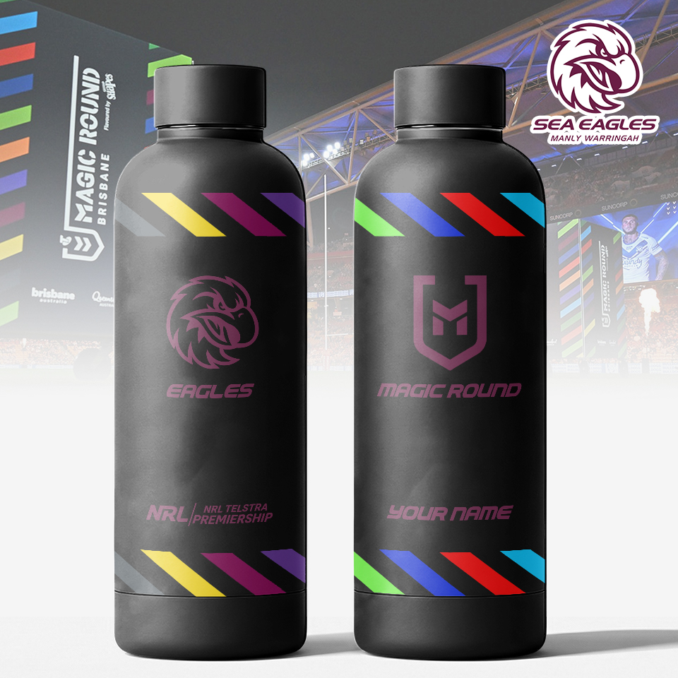 Auspiritmerch Manly Warringah Sea Eagles x Magic Round Personalized Metal Water Bottle Gift For Fans