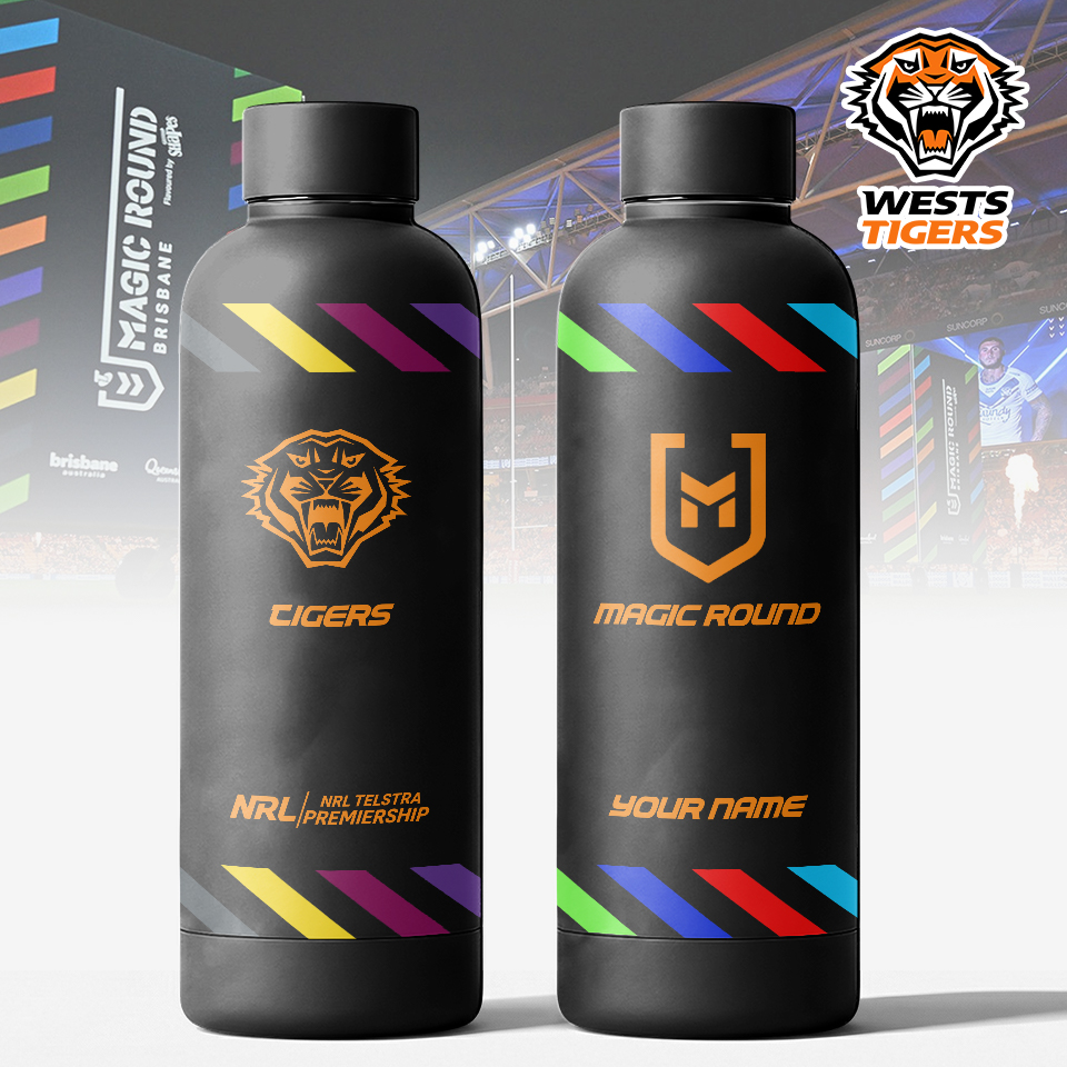 Auspiritmerch Wests Tigers x Magic Round Personalized Metal Water Bottle Gift For Fans