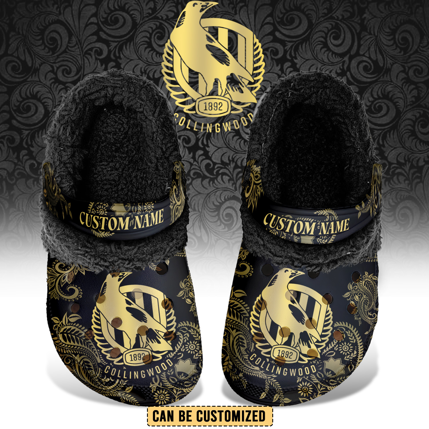 Auspiritmerch Collingwood Magpies Crocs Crocband Fleece Lined Clogs Shoes Comfortable For Men Women and Kids In Winter