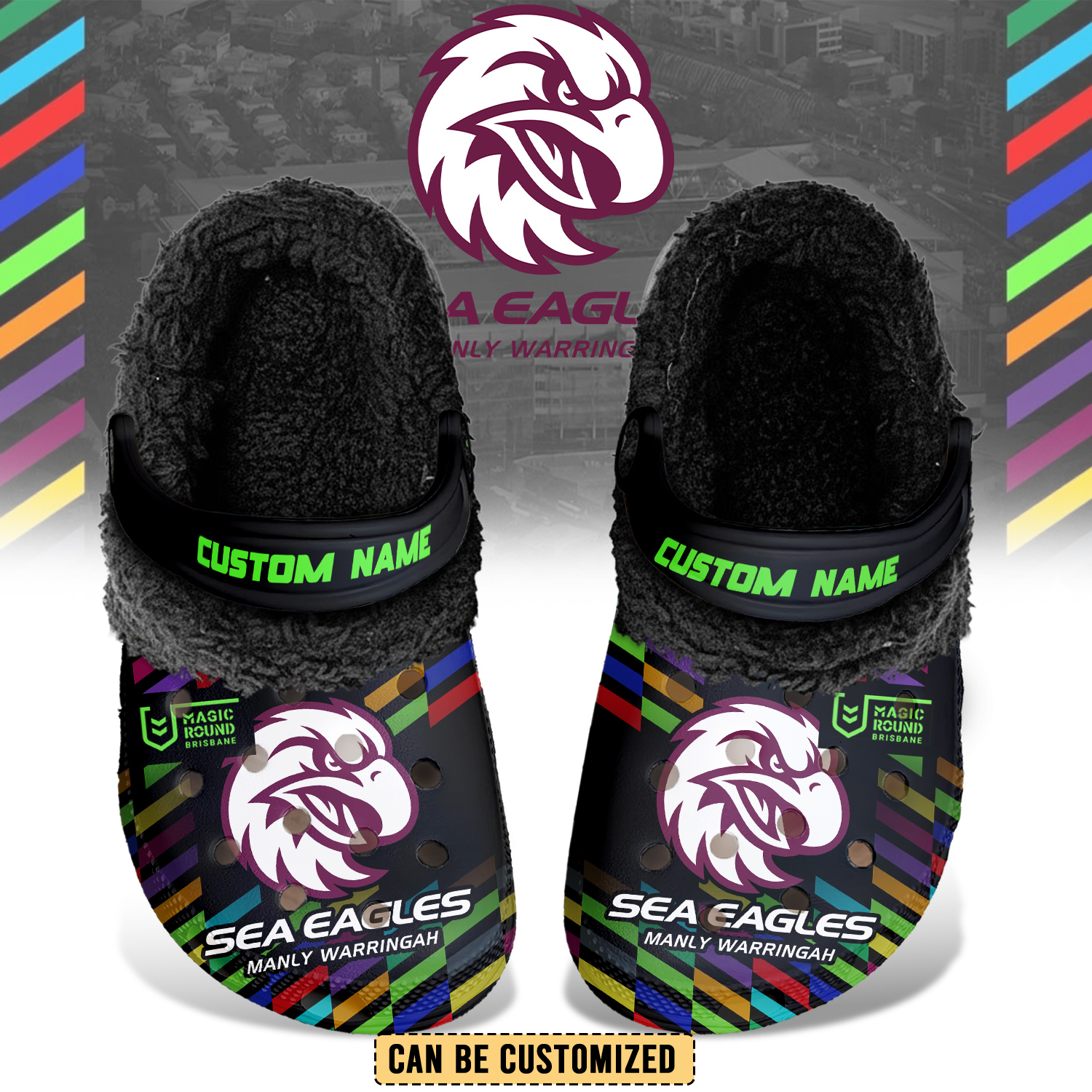 Auspiritmerch Manly Warringah Sea Eagles Crocs Crocband Fleece Lined Clogs Shoes Comfortable For Men Women and Kids In Winter