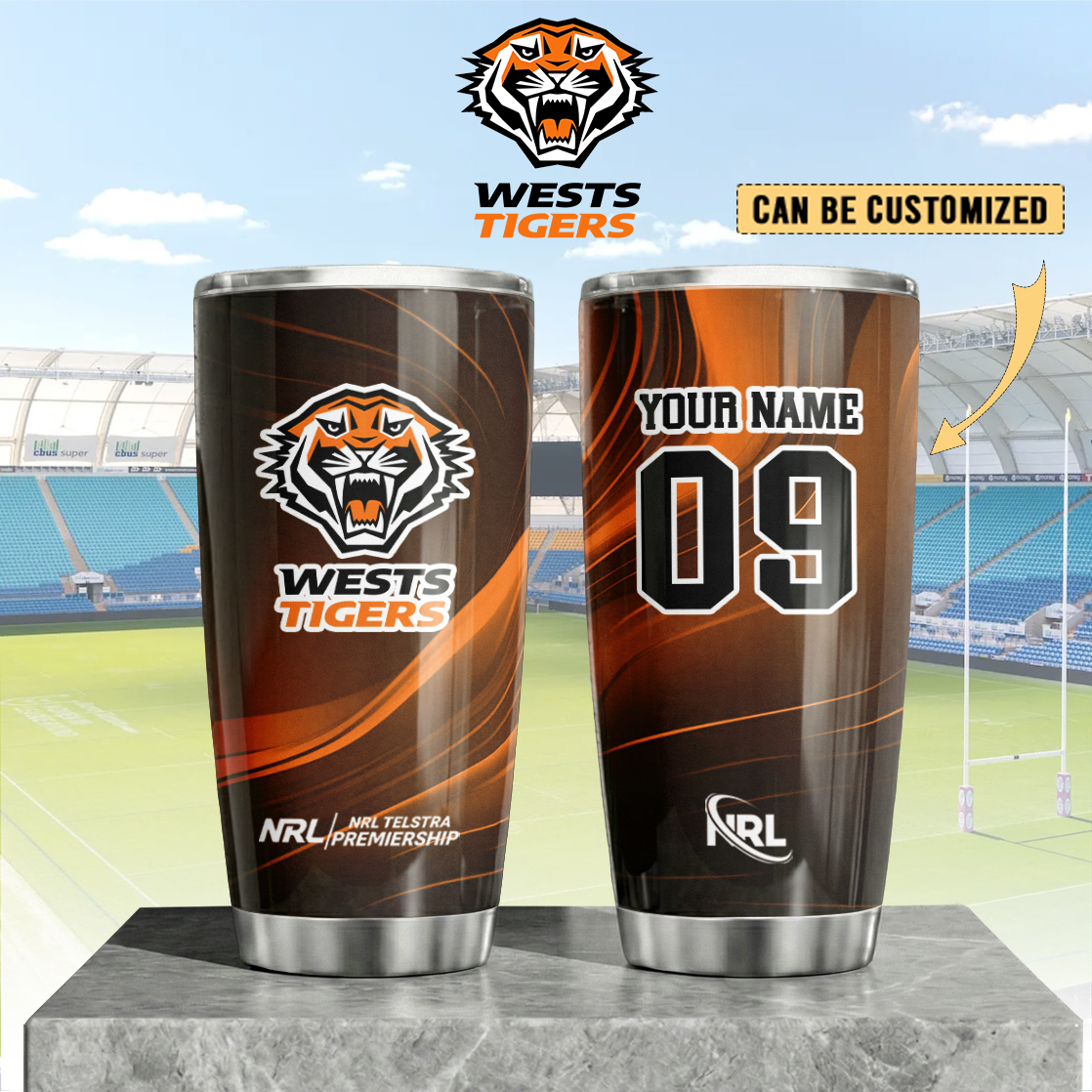 Auspiritmerch Wests Tigers Custom Stanley Quencher 20oz Stainless Steel Tumbler