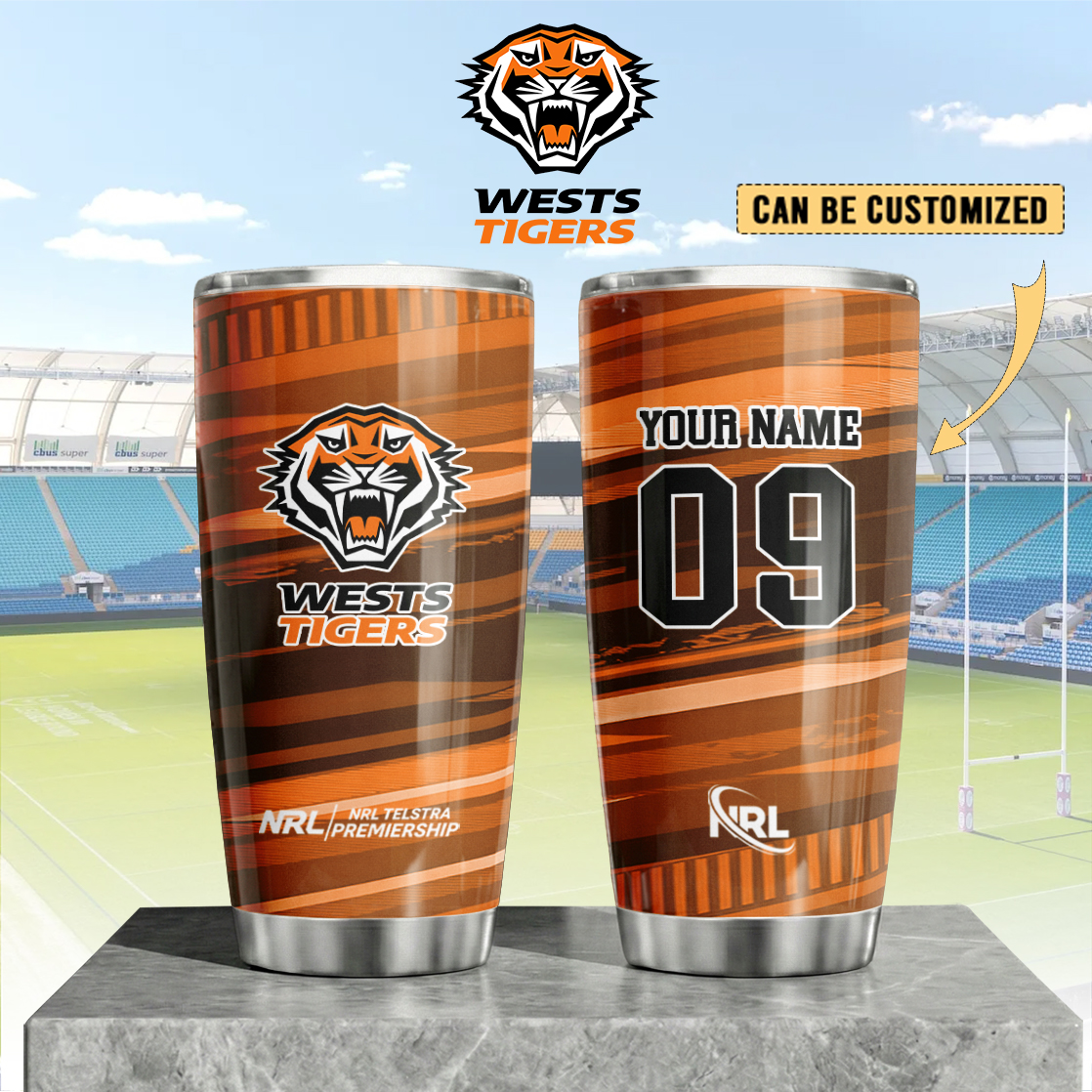 Auspiritmerch Wests Tigers Custom Stanley Quencher 20oz Stainless Steel Tumbler