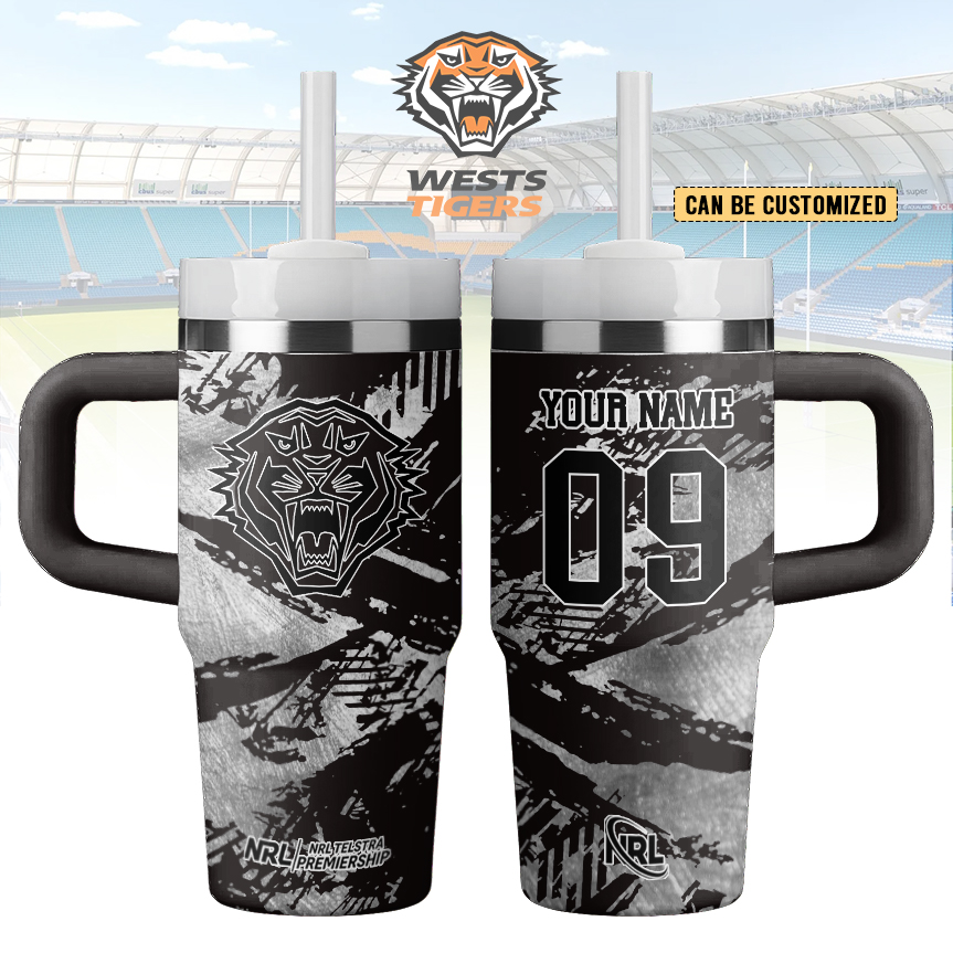 Auspiritmerch Wests Tigers Custom Stanley Quencher 14oz Stainless Steel Tumbler With Handle