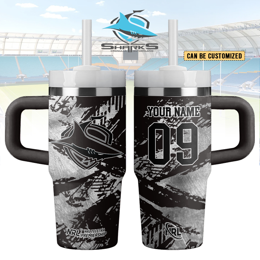 Auspiritmerch Cronulla-Sutherland Sharks Custom Stanley Quencher 14oz Stainless Steel Tumbler With Handle