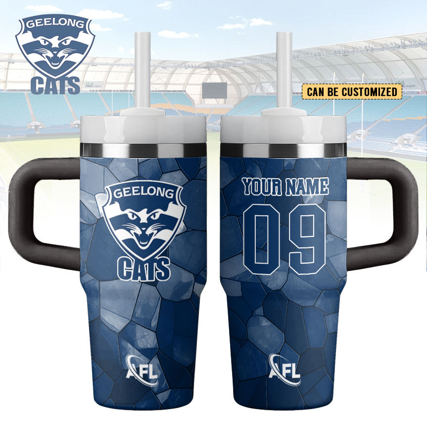 Auspiritmerch Geelong Cats Custom Stanley Quencher 14oz Stainless Steel Tumbler With Handle