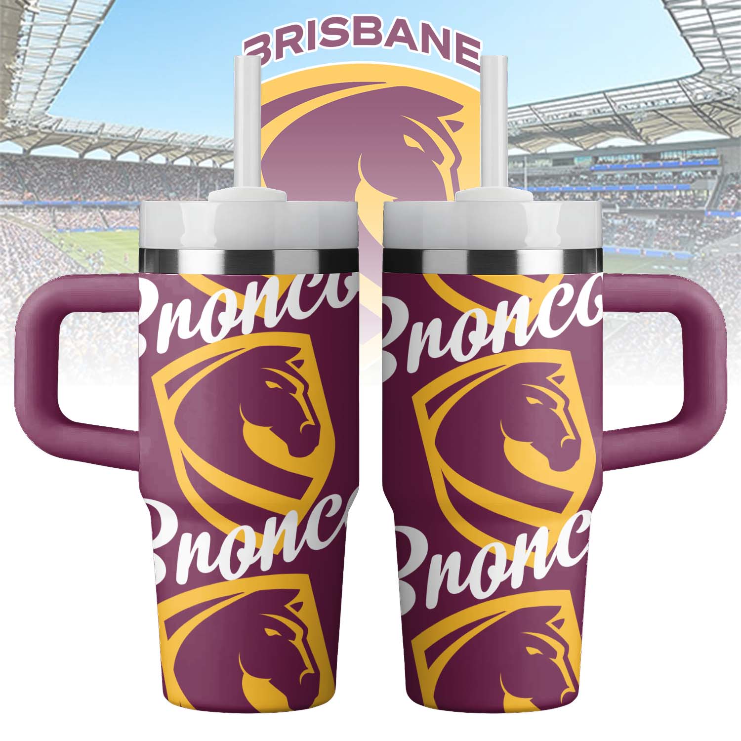 Auspiritmerch Brisbane Broncos Custom Stanley Quencher 14oz Stainless Steel Tumbler With Handle