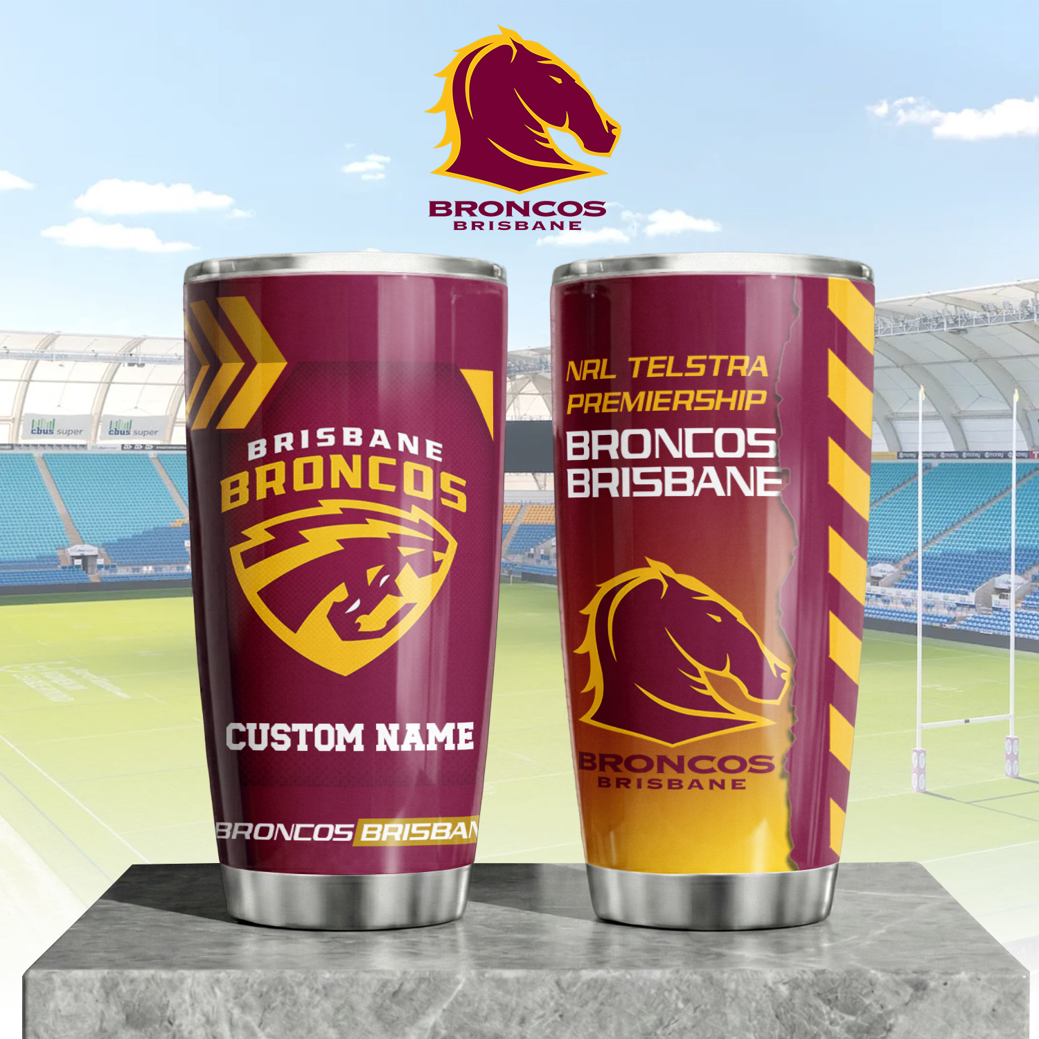 Auspiritmerch Brisbane Broncos Custom Stanley Quencher 20oz Stainless Steel Tumbler