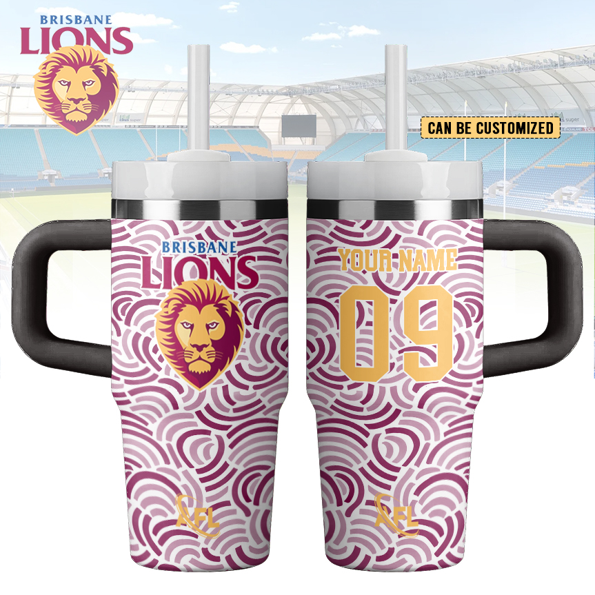 Auspiritmerch Brisbane Lions Custom Stanley Quencher 14oz Stainless Steel Tumbler With Handle