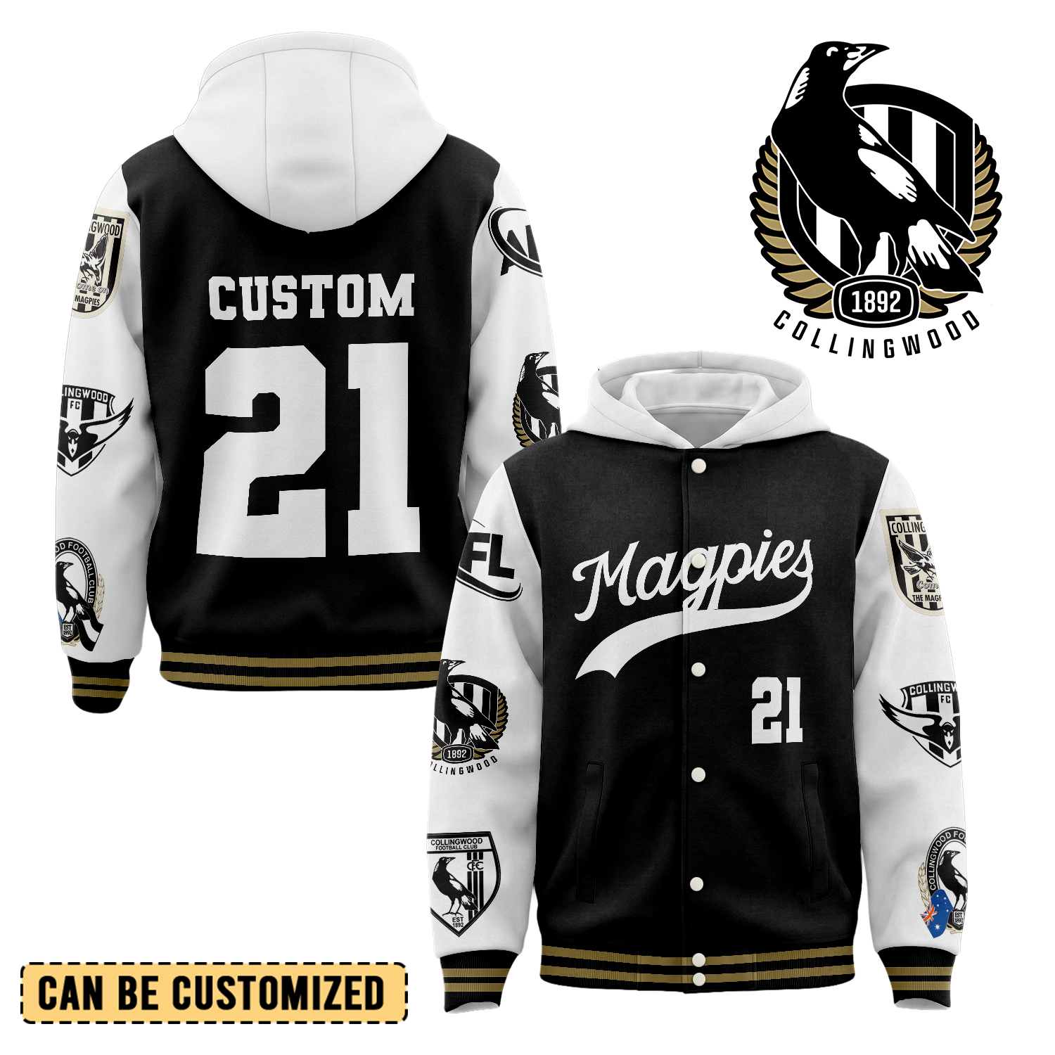 Auspiritmerch Collingwood Magpies Personalized Hoodie Baseball Jacket Gift For Fans
