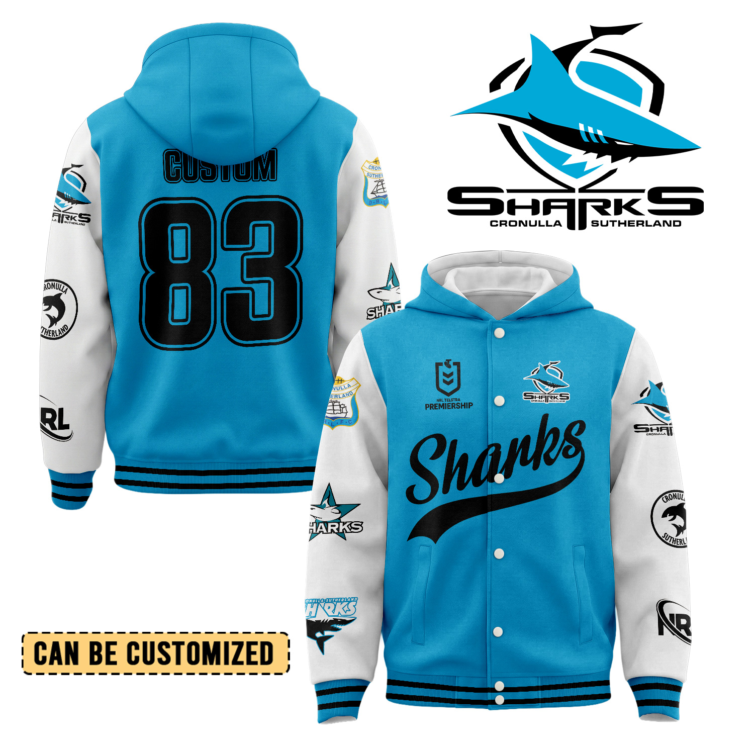 Auspiritmerch Cronulla-Sutherland Sharks Personalized Hoodie Baseball Jacket Gift For Fans