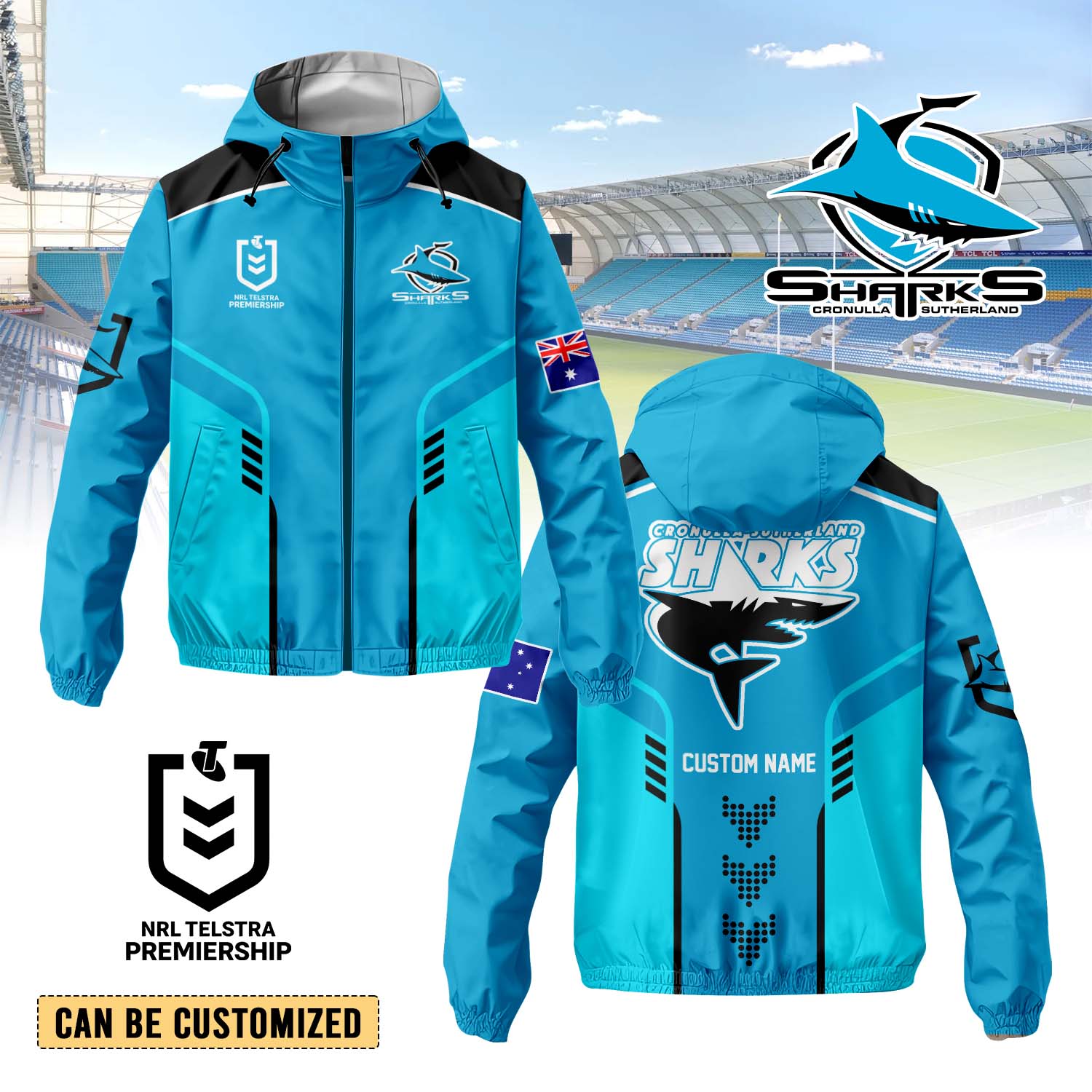 Auspiritmerch Cronulla-Sutherland Sharks Personalized Sports Windbreaker Jacket For Fans