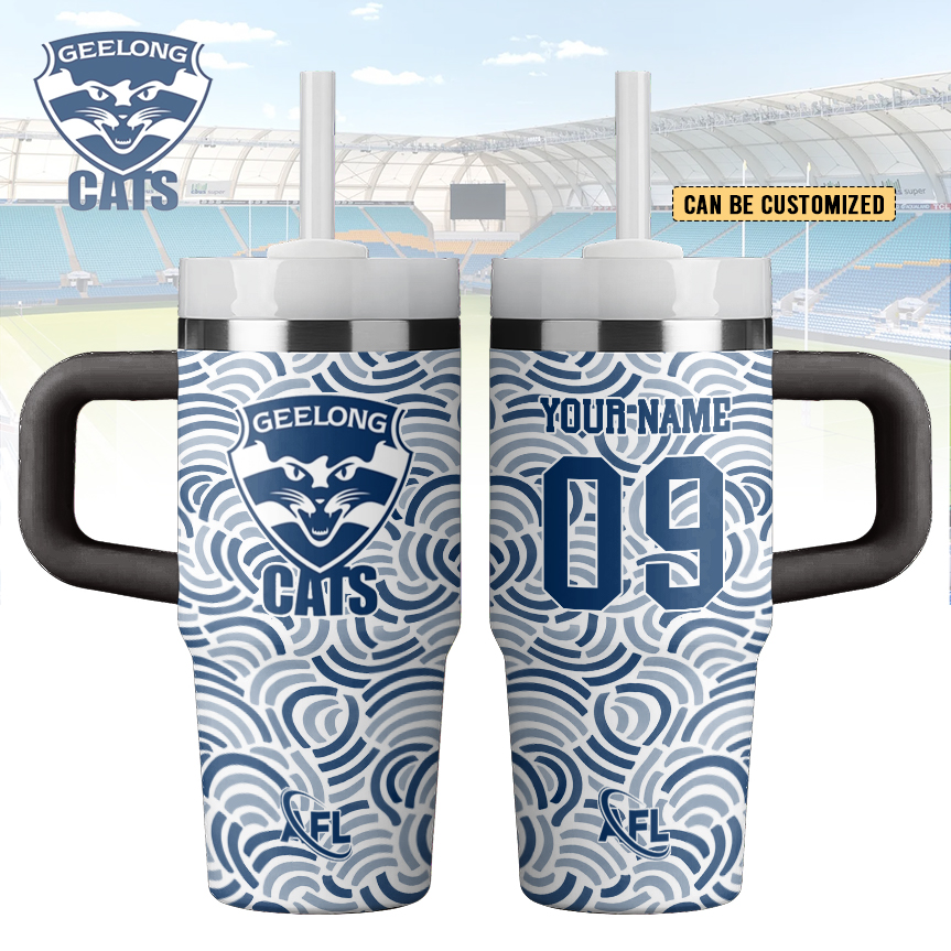Auspiritmerch Geelong Cats Custom Stanley Quencher 14oz Stainless Steel Tumbler With Handle