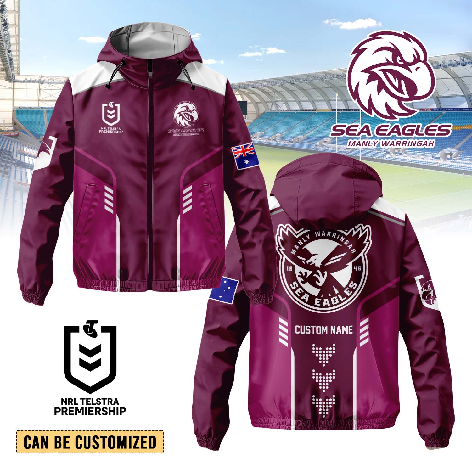 Auspiritmerch Manly Warringah Sea Eagles Personalized Sports Windbreaker Jacket For Fans