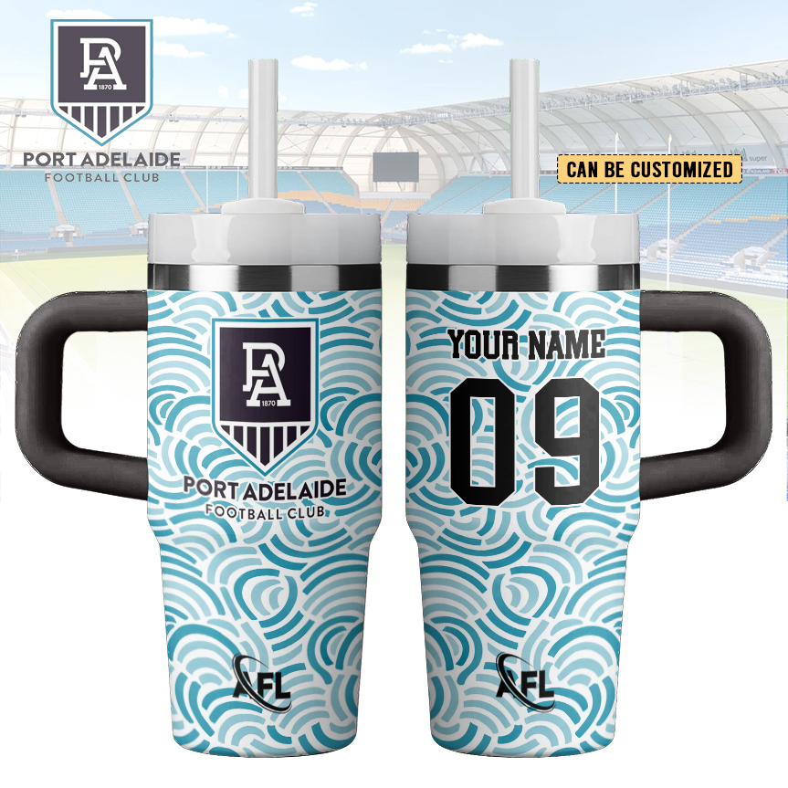 Auspiritmerch Port Adelaide Custom Stanley Quencher 14oz Stainless Steel Tumbler With Handle