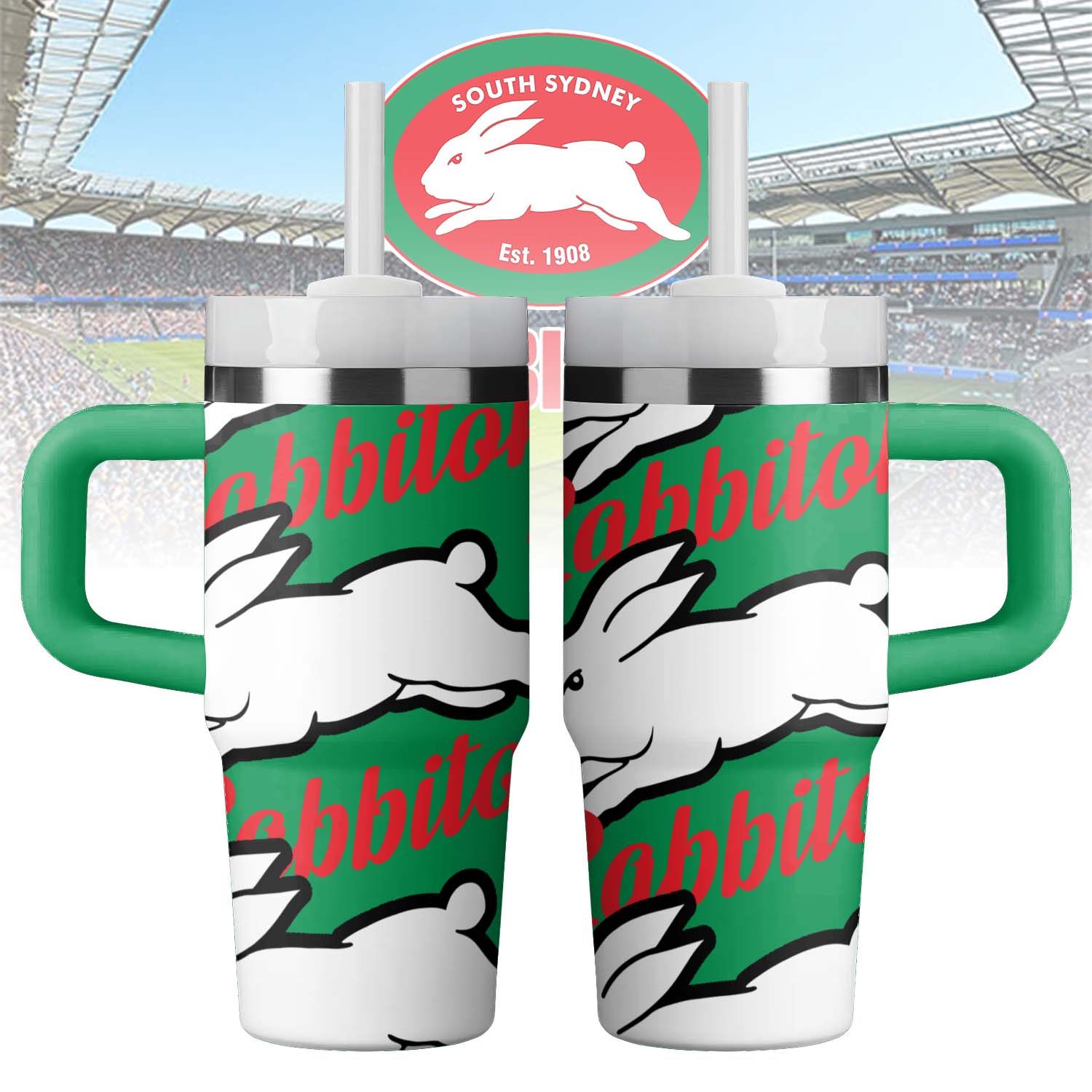 Auspiritmerch South Sydney Rabbitohs Custom Stanley Quencher 14oz Stainless Steel Tumbler With Handle
