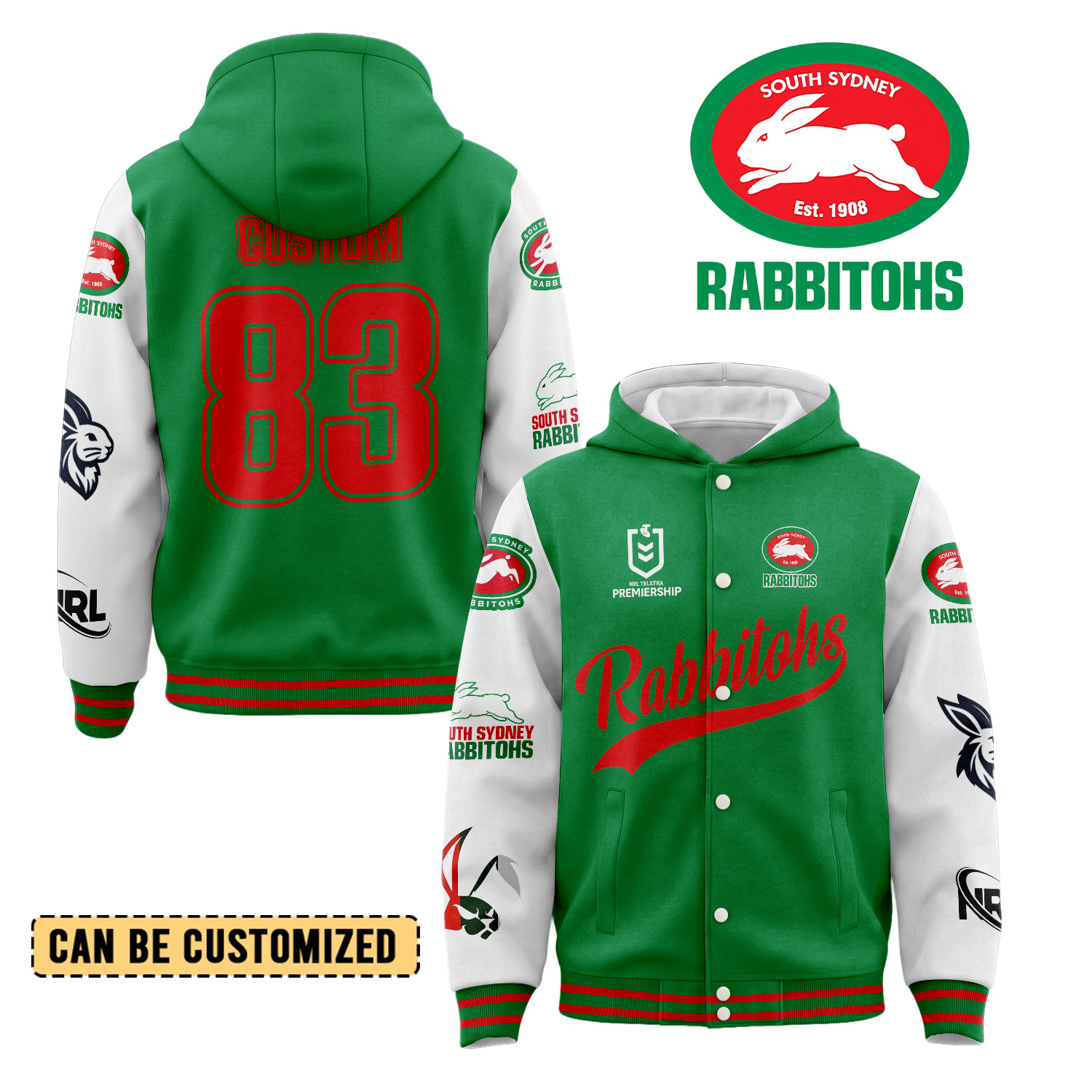 Auspiritmerch South Sydney Rabbitohs Personalized Hoodie Baseball Jacket Gift For Fans