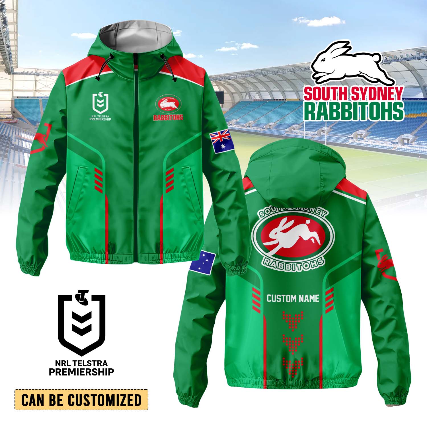 Auspiritmerch South Sydney Rabbitohs Personalized Sports Windbreaker Jacket For Fans