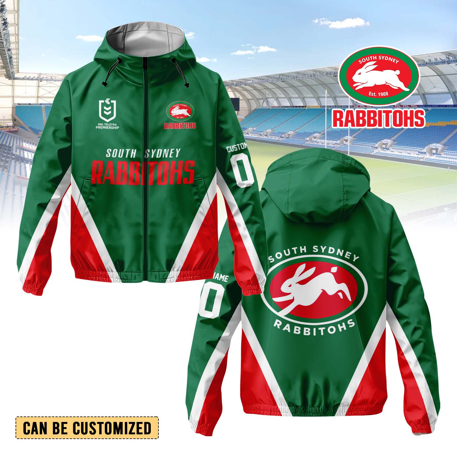 Auspiritmerch South Sydney Rabbitohs Personalized Sports Windbreaker Jacket For Fans