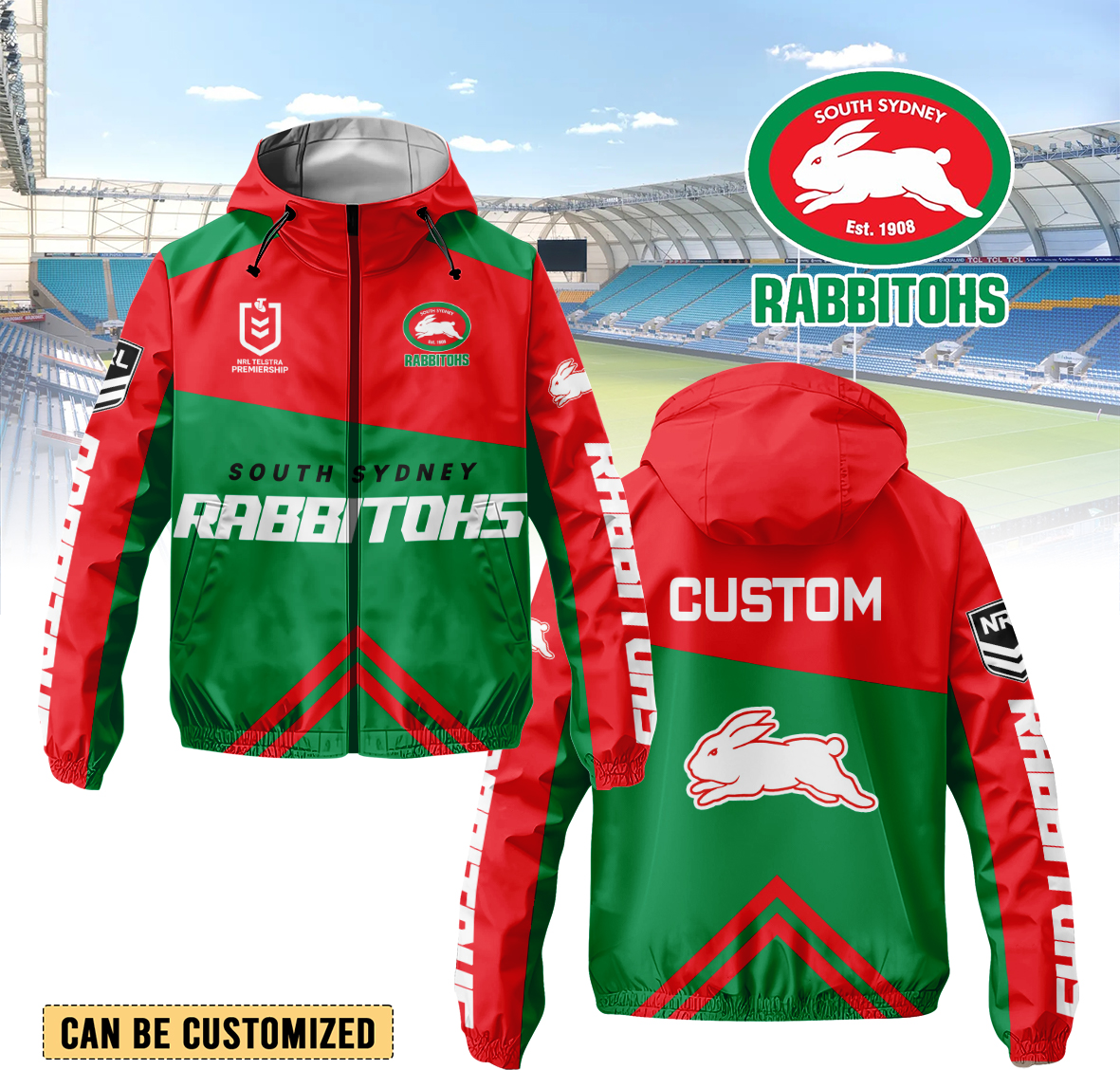 Auspiritmerch South Sydney Rabbitohs Personalized Sports Windbreaker Jacket For Fans