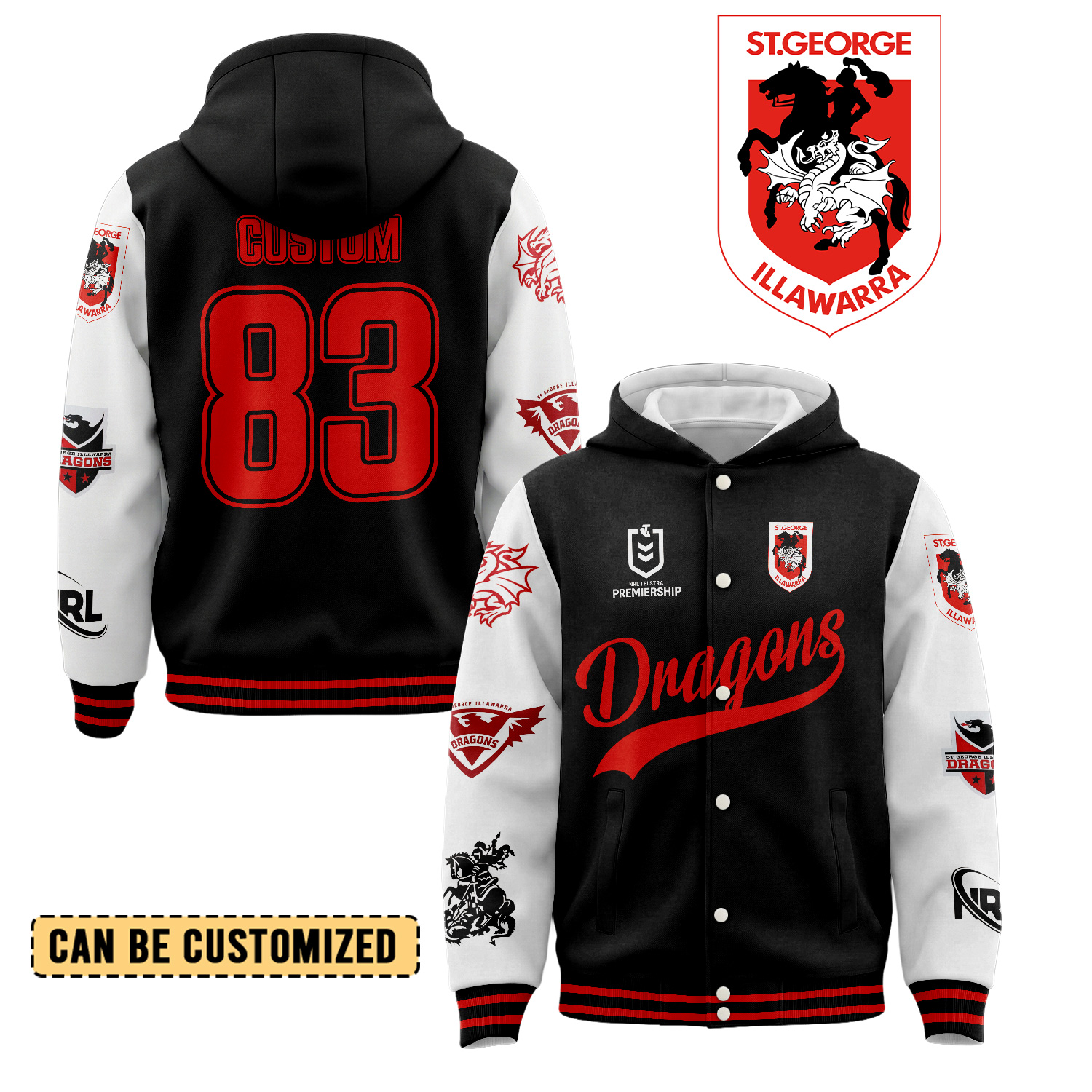 Auspiritmerch St. George Illawarra Dragons Personalized Hoodie Baseball Jacket Gift For Fans