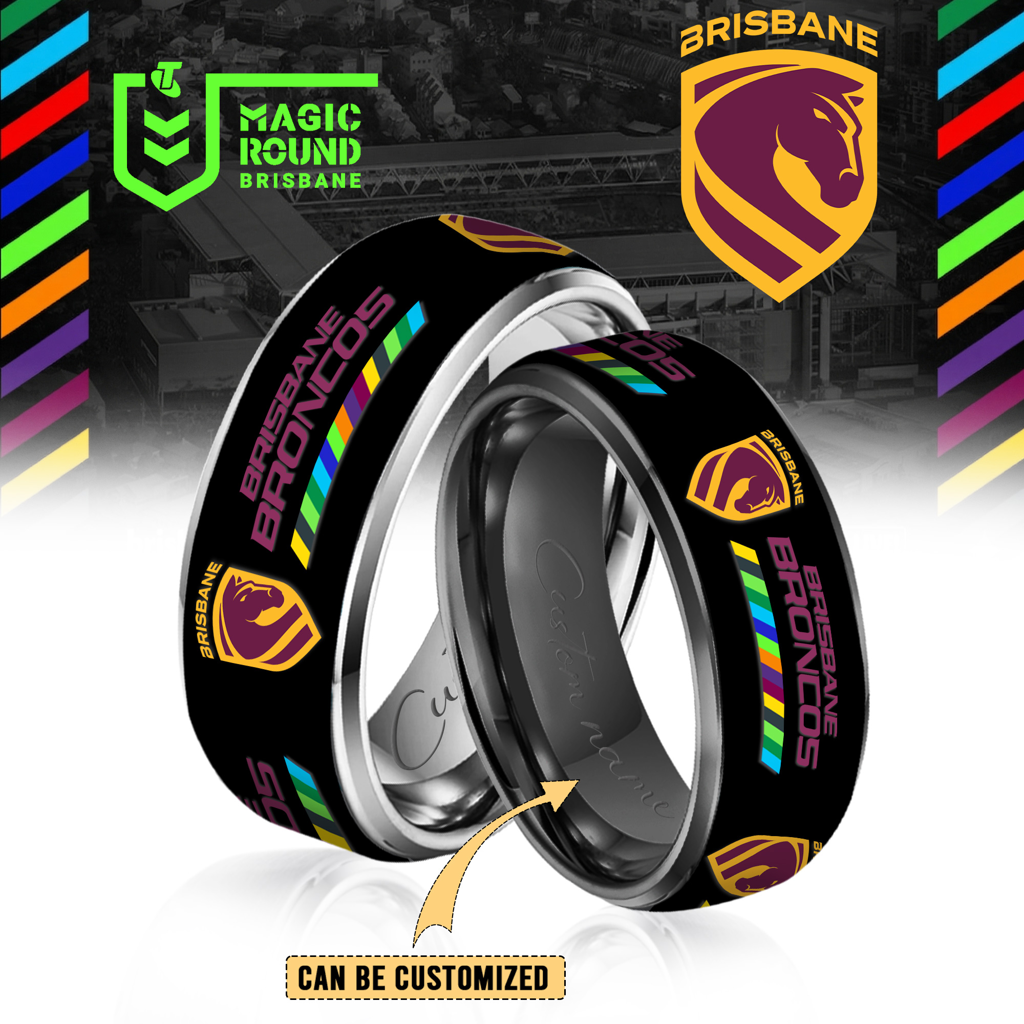 Auspiritmerch Brisbane Broncos Silver Tungsten Rings Gift For Fans
