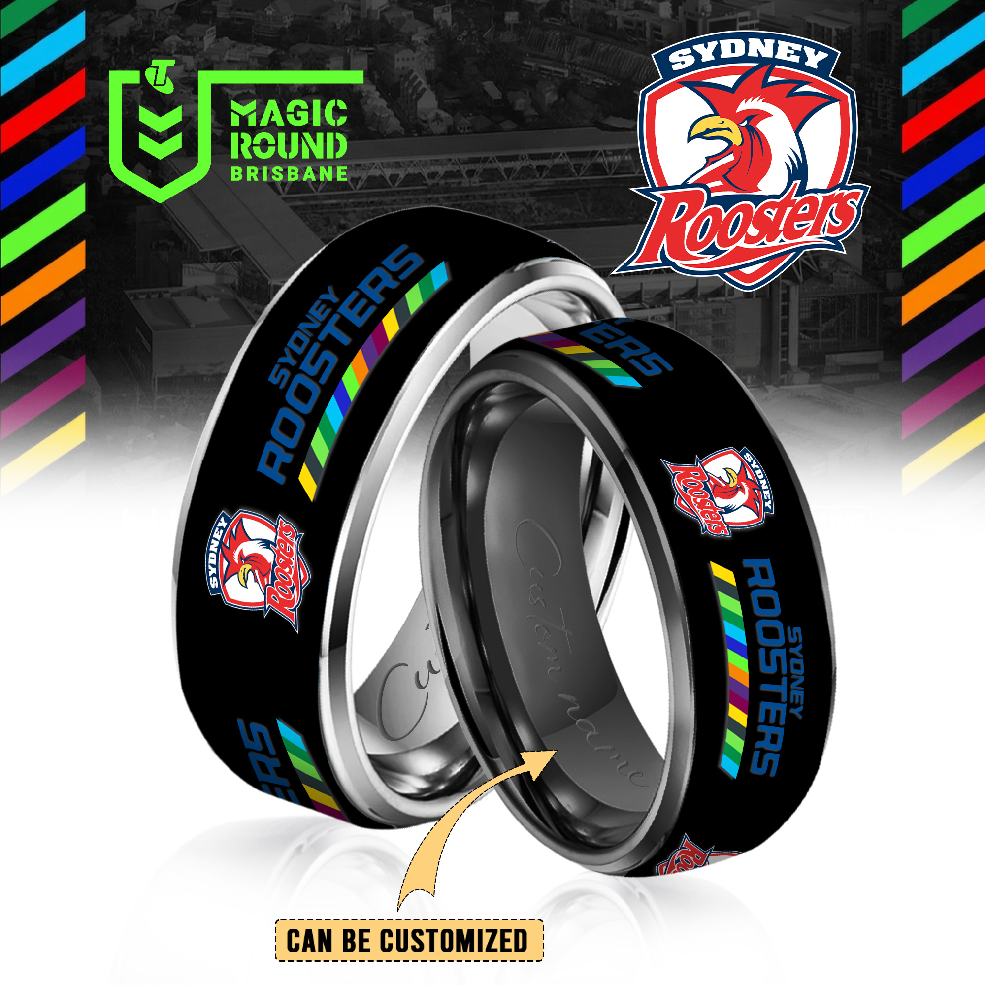 Auspiritmerch Sydney Roosters Silver Tungsten Rings Gift For Fans