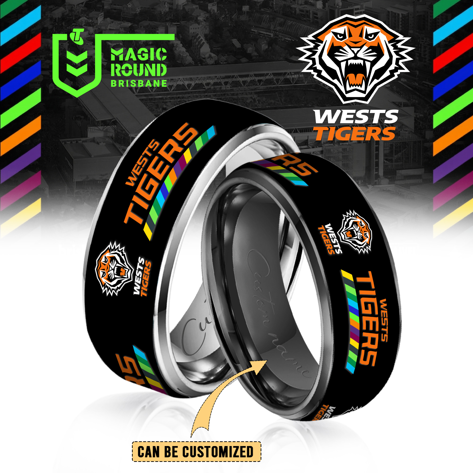 Auspiritmerch Wests Tigers Silver Tungsten Rings Gift For Fans