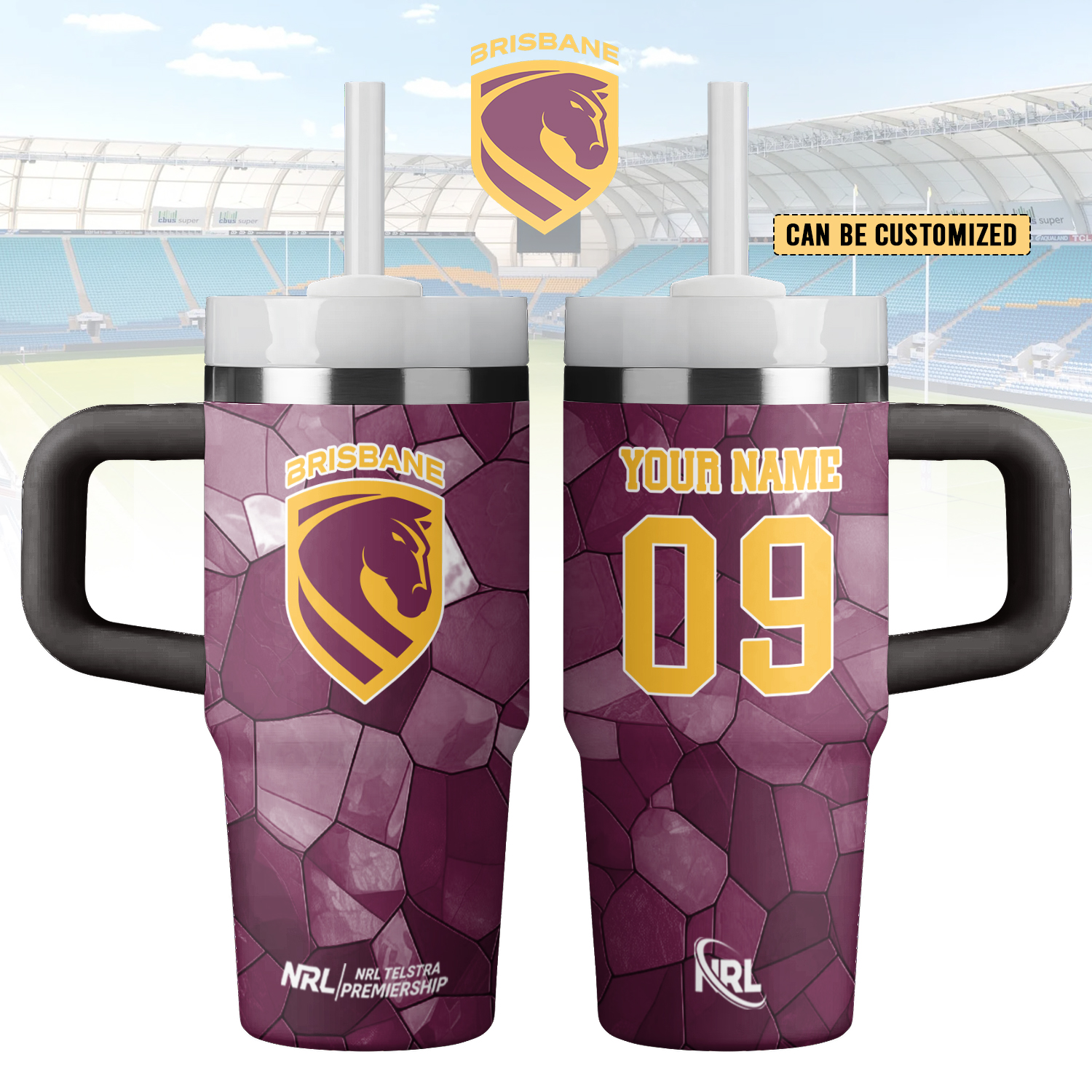 Auspiritmerch Brisbane Broncos Custom Stanley Quencher 14oz Stainless Steel Tumbler With Handle