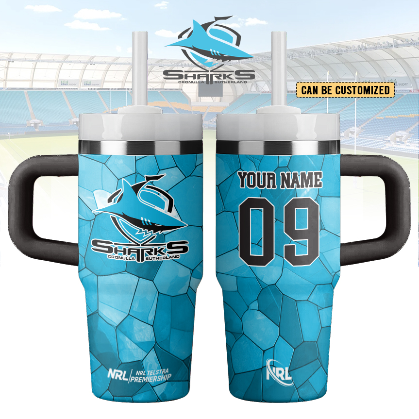 Auspiritmerch Cronulla-Sutherland Sharks Custom Stanley Quencher 14oz Stainless Steel Tumbler With Handle