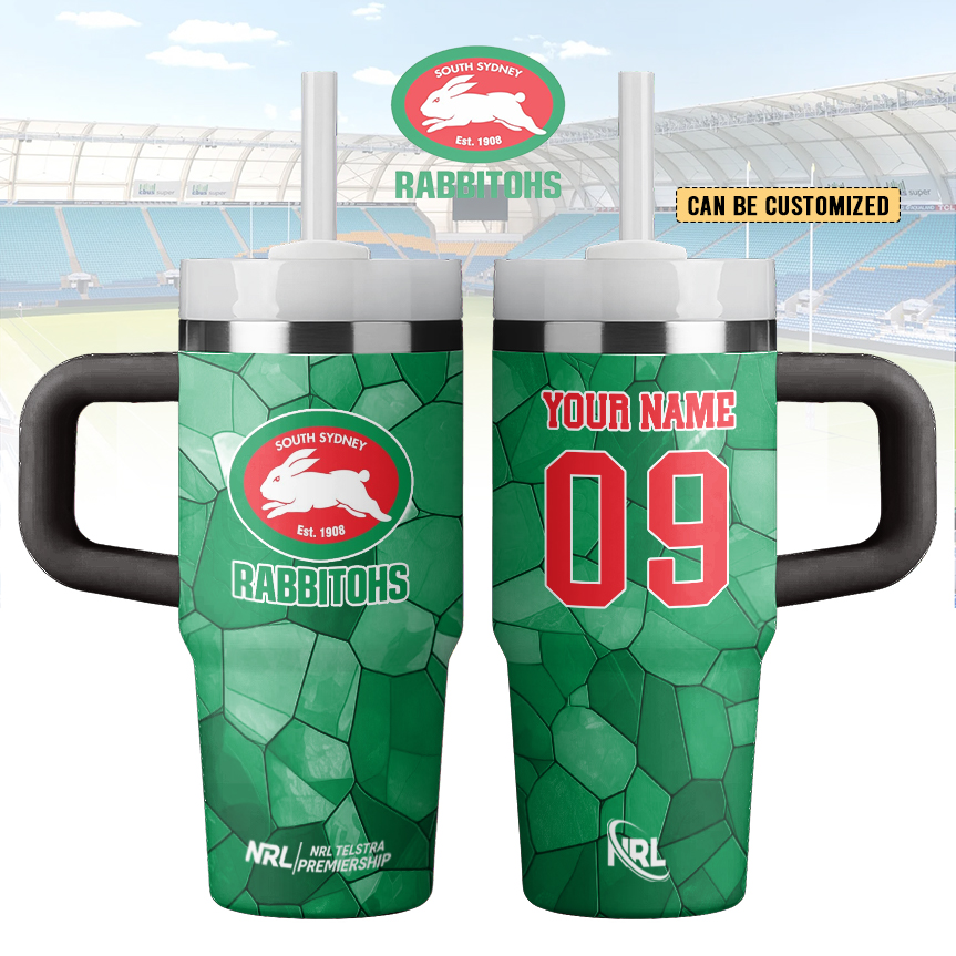 Auspiritmerch South Sydney Rabbitohs Custom Stanley Quencher 14oz Stainless Steel Tumbler With Handle