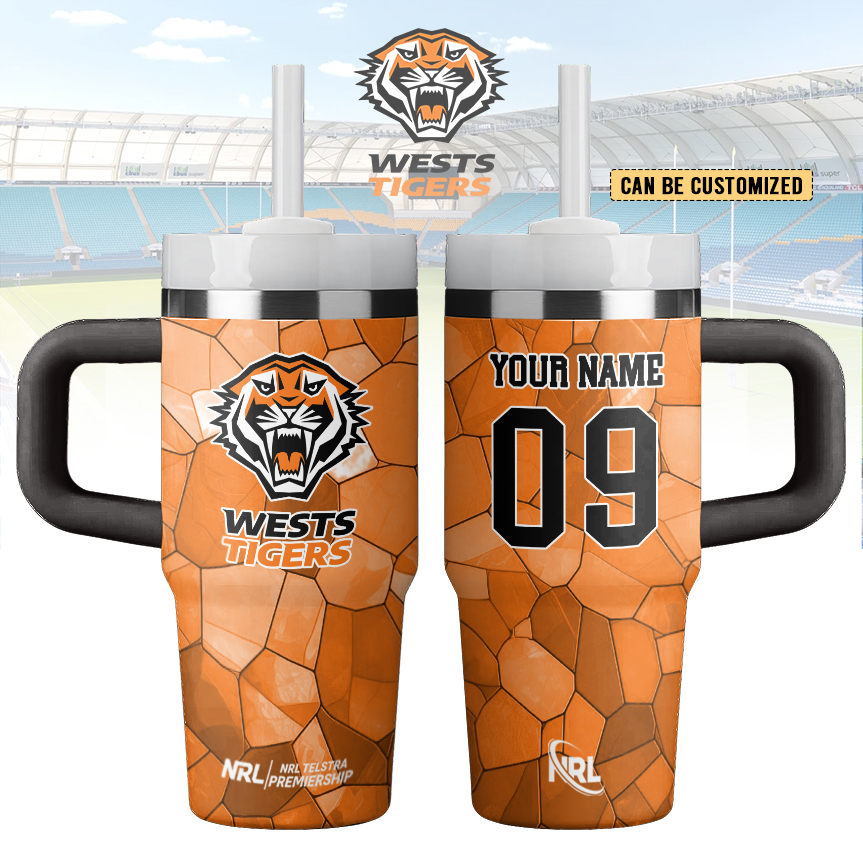 Auspiritmerch Wests Tigers Custom Stanley Quencher 14oz Stainless Steel Tumbler With Handle