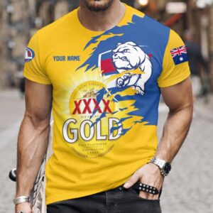 Auspiritmerch Western Bulldogs x XXXX Gold Beer Custom Name T-Shirt Gift For Fan